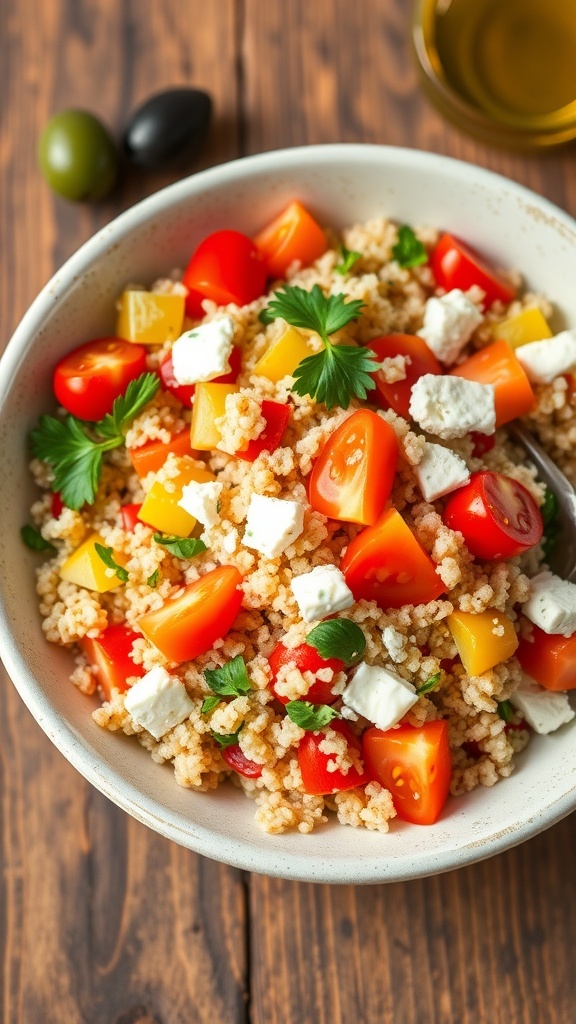 A bowl of Mediterranean quinoa with bell peppers, cherry tomatoes, olives, and feta cheese, garnished with parsley.